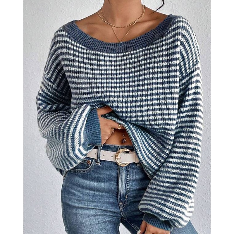 Women's Sweater Pullover Streetwear Casual Striped Off Shoulder Knitted Long Sleeve Regular Tops Knit Holiday Going out Weekend Black Red Fall Winter3