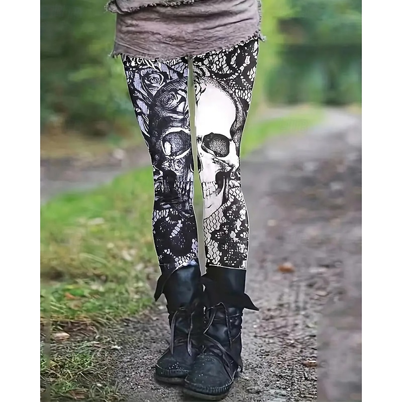 Women's Leggings Cozy Leggings Basic Casual Full Length High WaistPantsHalloween Skull Printing Thermal Warm Comfortable Stretchy Street Casual Daily Black Fall Winter Slim Fit