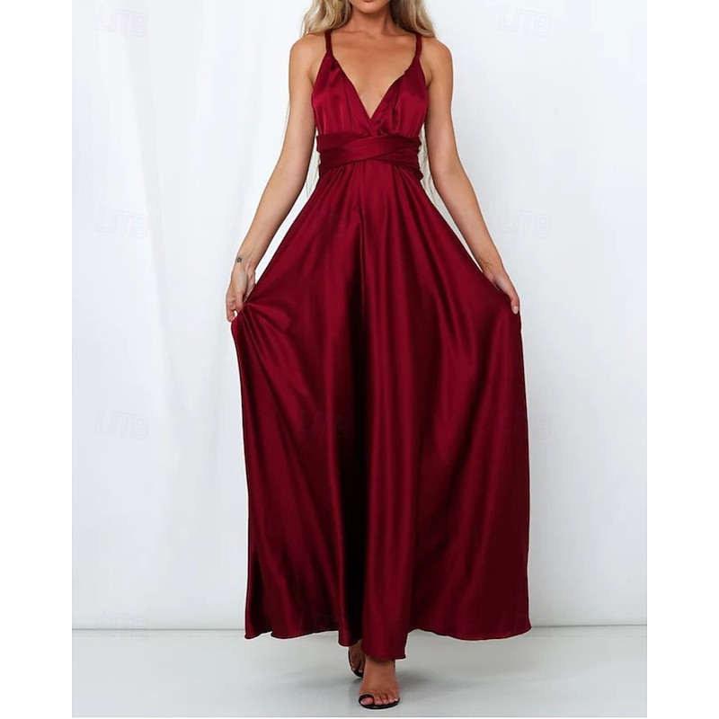 Women's Long Dress Maxi Dress Party Dress Cocktail Dress Satin Dress Slip Dress Fashion Modern Party Evening Party Regular Fit Plain Long Sleeve V Neck Pink Wine Navy Blue Dark Green Spring Fall