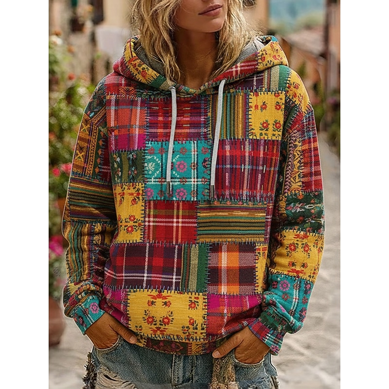 Women's Pullover Hoodies Plaid Fashion Streetwear Long Sleeve Hooded Regular Tops Dailywear Casual Drawstring Print Red Spring Fall