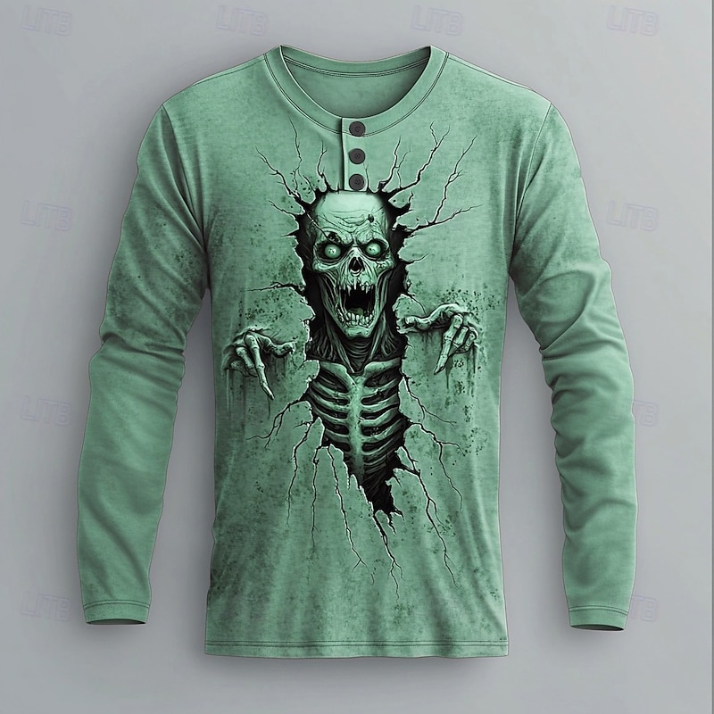 Men's Halloween Graphic Zombies Henley Shirt Long Sleeve Fashion Cute Daily Casual Holiday Going out Fall Spring &  Fall Light Blue Purple Green Khaki Gray Henley Henley T-Shirt4
