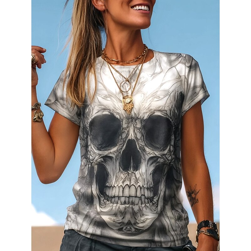 Halloween Women's T Shirt Skulls Graphic Vintage Fashion Stylish Short Sleeve Crew Neck Round Neck Regular Tops Daily Weekend Print Black White Light Grey Gray Fall Winter2