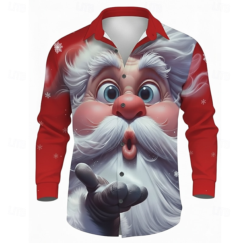 Christmas Men's Santa Claus 3D Cartoon Smile Face Shirt Button Up Shirt Long Sleeve Funny Outdoor Holiday Spring Fall Turndown 3D Print Collared Shirts Red Blue Brown Green Gray2