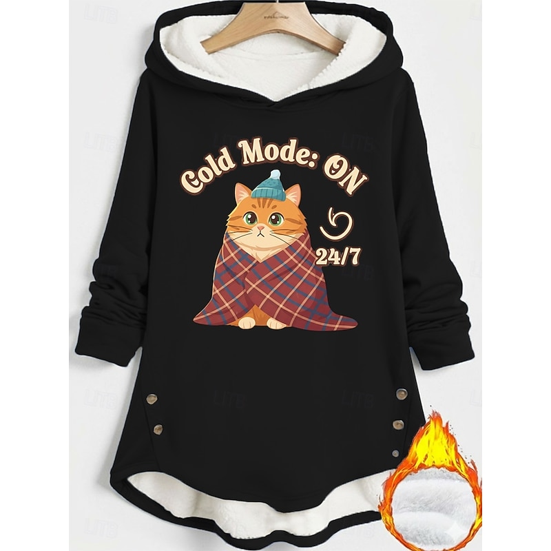 Women's Pullover Hoodie Sweatshirt Cat Letter Warm Casual Long Sleeve Hooded Long Tops Street Dailywear Holiday Buttons Print Black Dark Pink Blue Gray Fall Winter