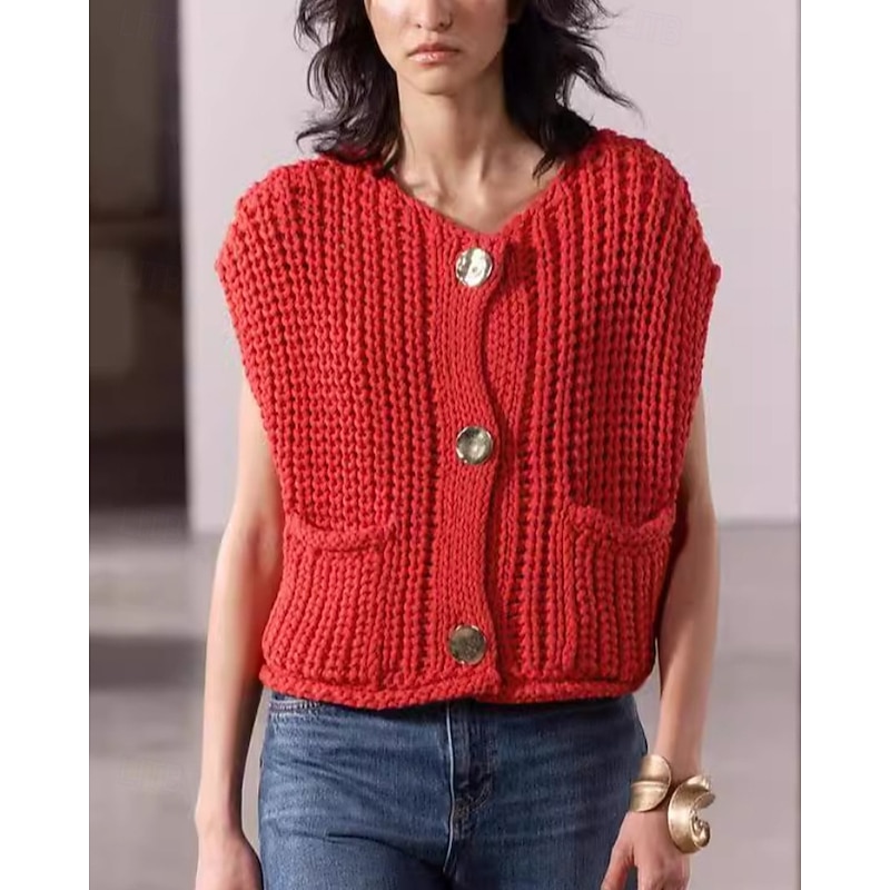 Women's Sweater Sweater Vest Cardigan Streetwear Casual Solid Color Cable V Neck Buttons Knitted Sleeveless Crop Tops Knit Daily Going out Weekend Black White Fall Winter