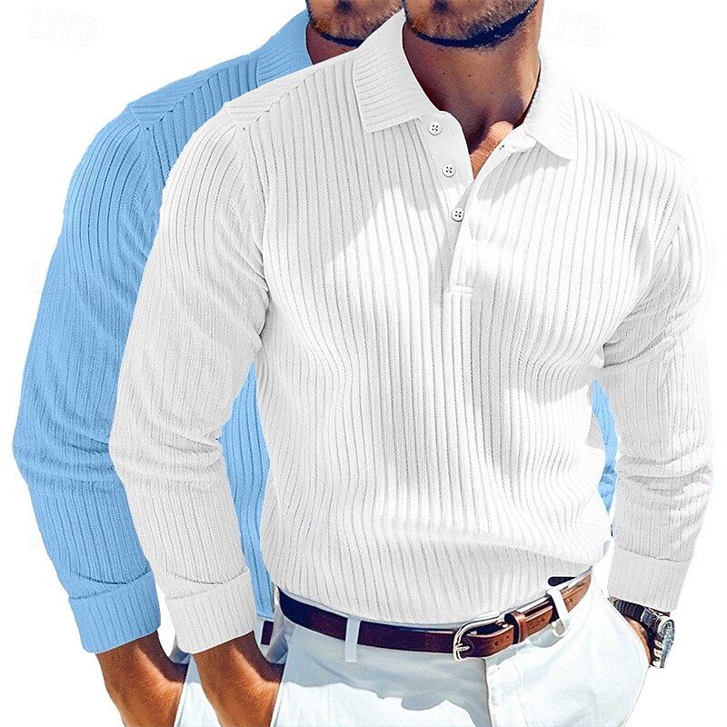 Men's Rib Knit Top Golf Shirt Street Casual Lapel Long Sleeve Basic Modern Plain 2 Piece Buttons Spring Fall All Seasons Regular Fit Gray / Navy Gray / White Blue + White Blue + Gray Blue + Navy4
