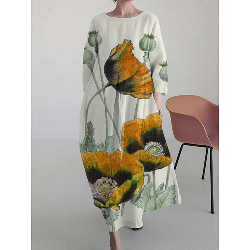 Women's Maxi Dress A Line Dress Fit And Flare Dress Party Birthday Casual Party Office Wedding Guest Loose Fit Floral Graphic Long Sleeve Crew Neck Yellow Red Blue Green Spring Fall Winter Autumn3