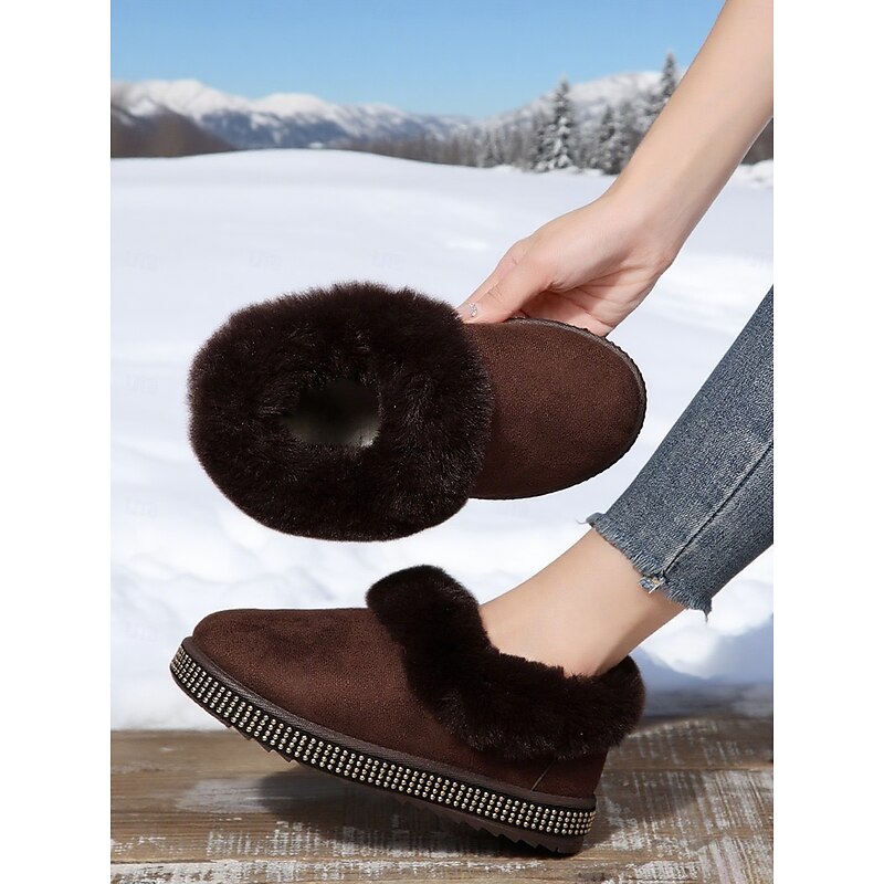 Women's Light Brown Snow Boots with Faux Fur Trim and Rhinestone Sole – Faux Suede Cozy Winter Boots for Home & Winter Outdoor Wear4