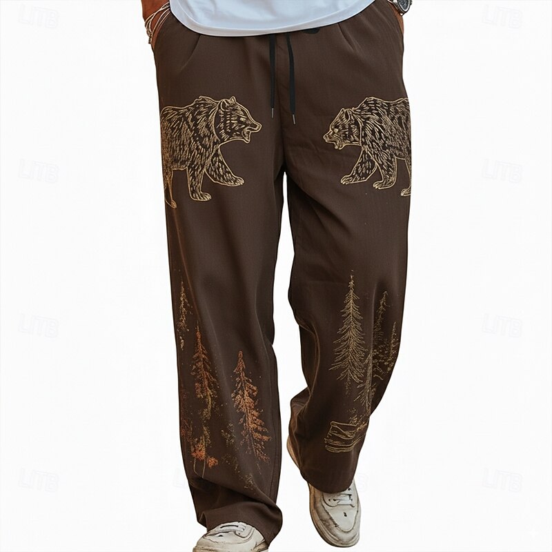 Men's Bear Forest Pants Trousers Casual Pants Mid Waist Drawstring Elastic Waist Vintage Retro Outdoor Camping & Hiking Hunting Straight Leg Trousers Spring Fall 3D Print Brown Green Dark Blue2