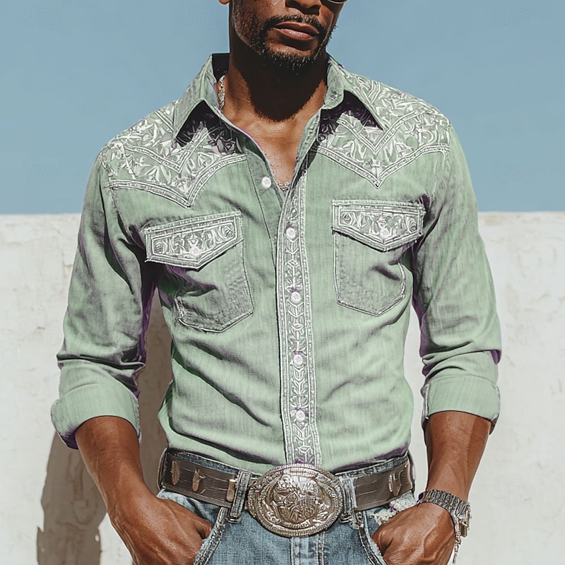 Men's Floral Print Ethnic Flowers Shirt Western Shirt Cowboy Shirt Long Sleeve Vintage Retro Outdoor Casual WorkWear Spring Fall Turndown Front Two Pockets Linen Like Shirt Button Up Shirts Light2