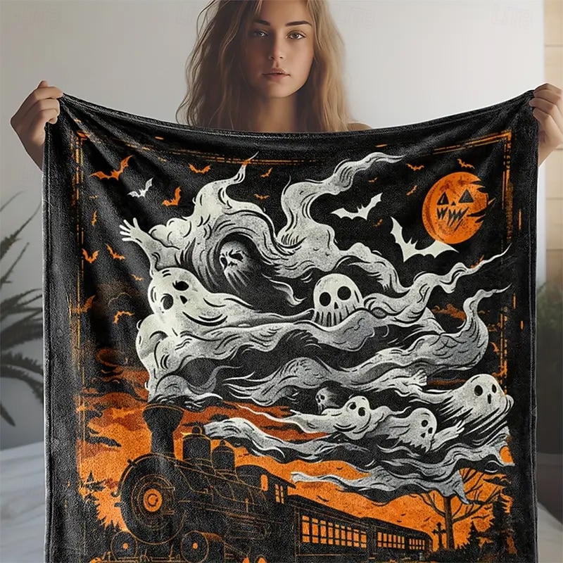 Halloween Fleece Throw Blanket for Couch Boo Train 3D Dark Punk Gothic Style Party Sofa Bed Decorative Warm Blanket Home Decor3