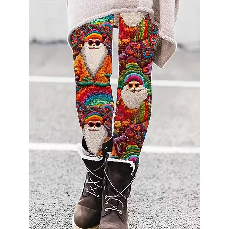 Women's Leggings Vacation Vintage Fashion Full Length High WaistPantsUgly Christmas Graphic Santa Claus Christmas Tree Printing Thermal Warm Soft Breathable Stretchy Formal Outdoor Vacation Red Green3
