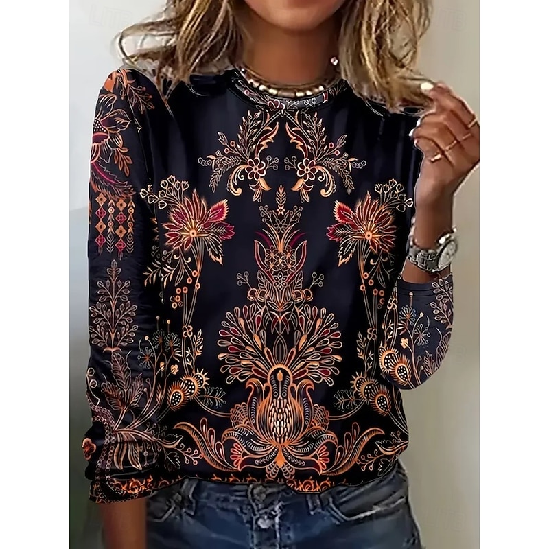 Women's T Shirt Ombre Graphic Geometric Vintage Stylish Classic Long Sleeve Crew Neck Round Neck Regular Tops Daily Print Black Red Dusty Blue Orange Green Spring Fall