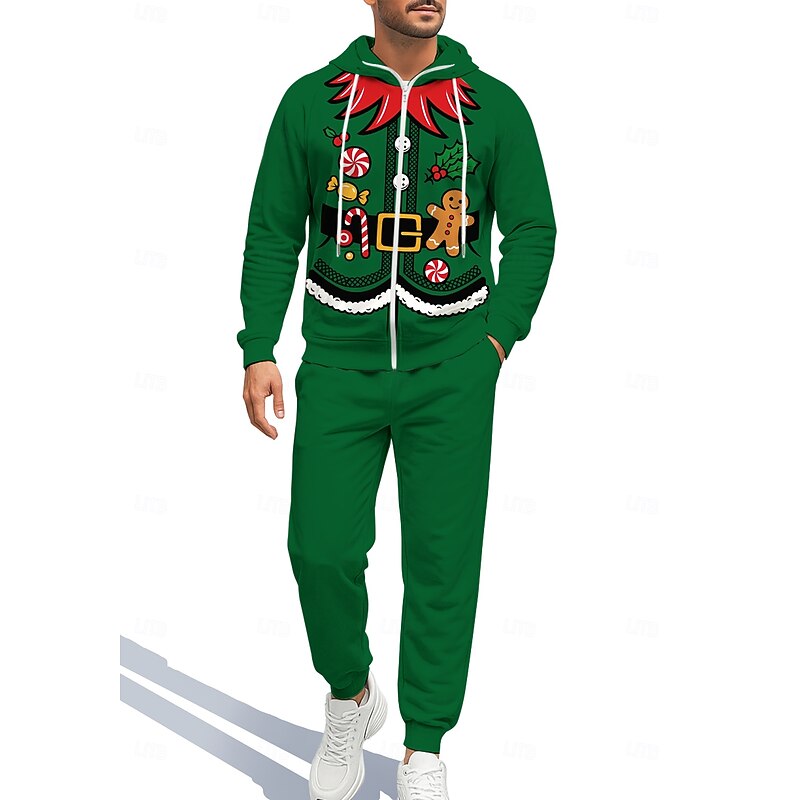 Christmas Men's Hoodie Tracksuit Zip Hoodie Drawstring Pockets Pants Hoodie Sweatshirt Fall Red Green Gym Workout Casual Basketball Baggy Long Sleeve Sport Activewear Stretchy Regular Fit4