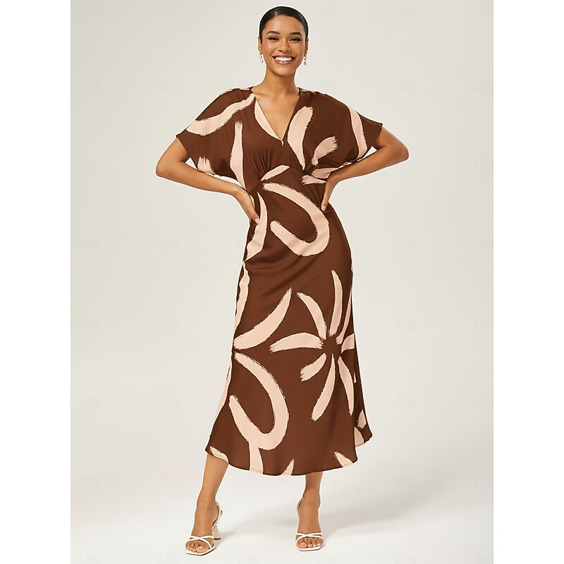 Women's Maxi Dress Coffee Abstract Floral Print Satin V Neck Batwing Sleeve Belted Elegant Vacation Spring Summer Fall4