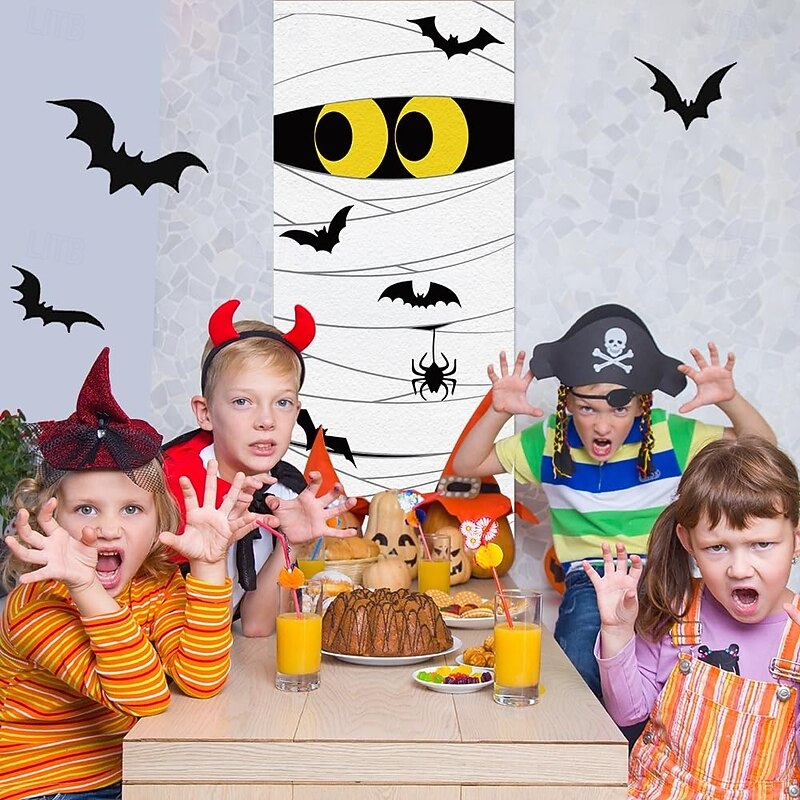 Halloween Door Covers Orange Spider Web Wooden Board Design Door Tapestry Door Curtain Decoration Backdrop Front Door Banner Farmhouse Holiday Party Indoor Outdoor Haunted Halloween Decor Supplies4