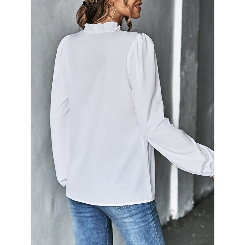 Women's Shirt Solid Color Stylish Casual Long Sleeve V Neck Regular Tops Daily Ruffle Black White Spring Fall Winter2