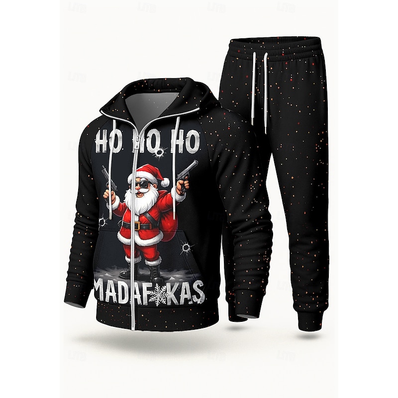 Christmas Men's Hoodie Tracksuit 2 Piece Tracksuit Drawstring Zip Up Letter Clothing Suit Fall Black Vocation Outdoor Travel Lightweight Fashion Long Sleeve Sport Activewear Stretchy Regular Fit