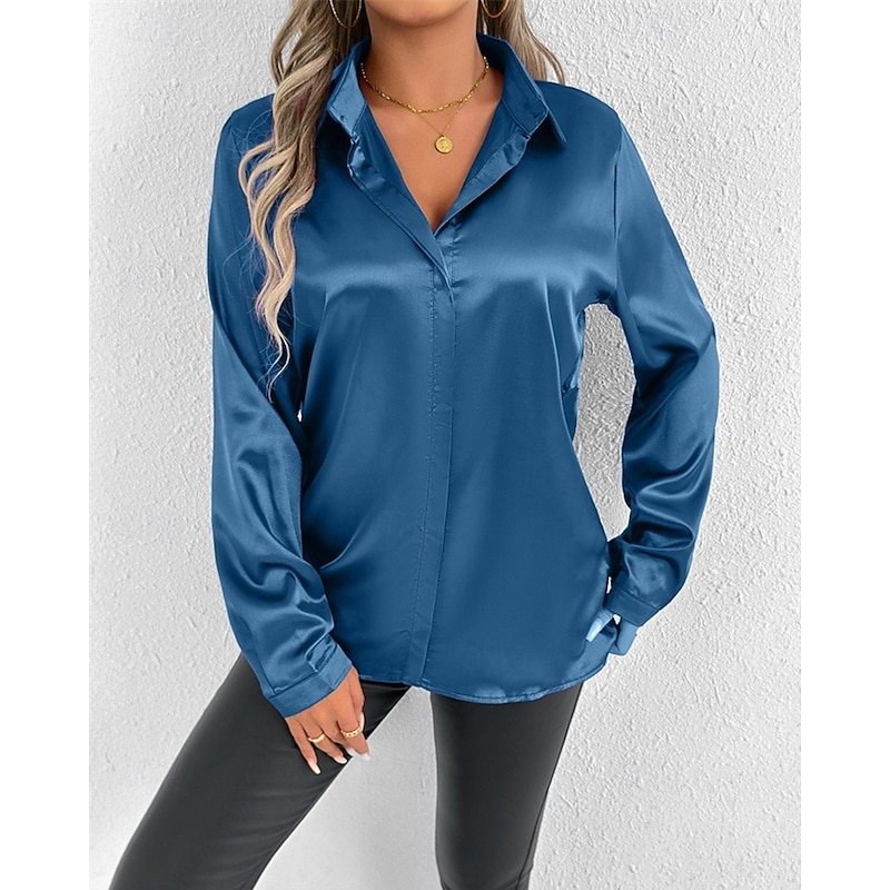 Women's Shirt Elegant Dressy Satin Solid Color Elegant Stylish Basic Long Sleeve Shirt Collar Regular Tops Daily Going out Buttons Red Navy Blue Royal Blue Spring Fall4