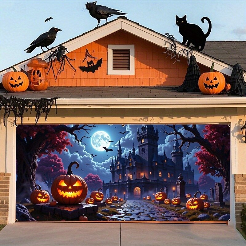 Halloween Garage Door Cover Sunset Moon Cemetery Pumpkin Castle Bare Trees Skeleton Large Outdoor Backdrop with Grommets Yard Front Porch Wall Decorations2