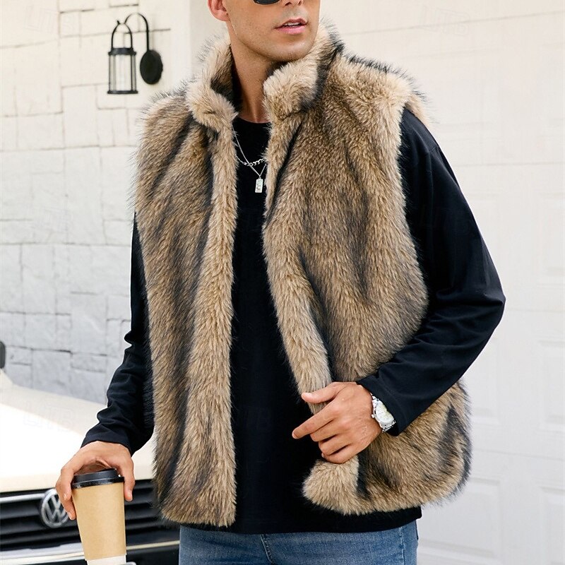 Men's Vest Faux Fur Gilet Outdoor Daily Fashion Casual Fall Winter Faux Fur Thermal Warm Comfortable Plain Standing Collar Regular Fit White Yellow Camel Gray Vest3