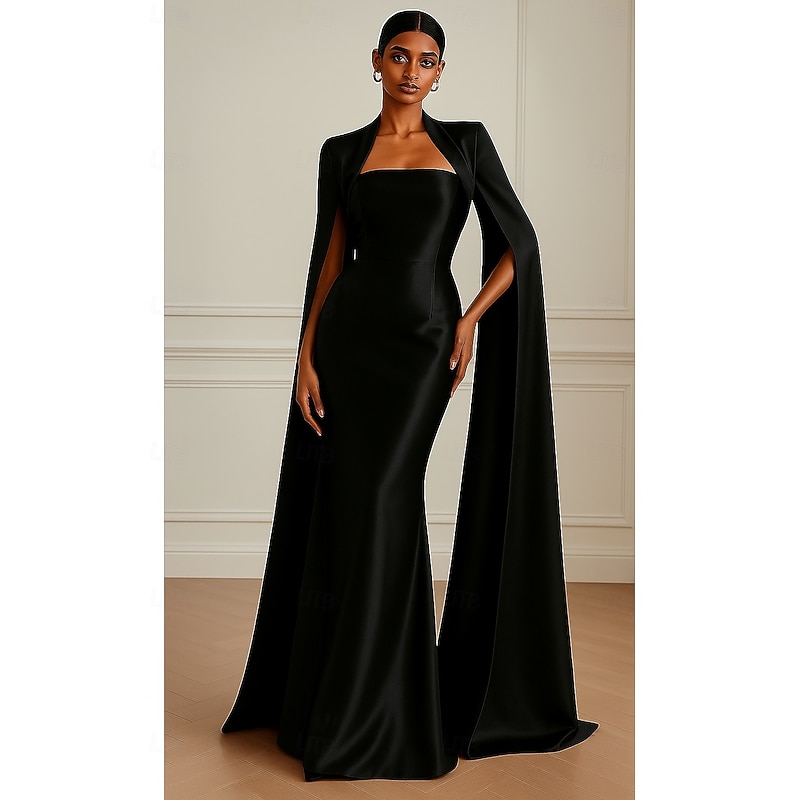 Red Black Sheath / Column Evening Gown Elegant Formal Dress Formal Wedding Floor Length Long Sleeve Square Neck Pocket Satin with Bow(s) 20254