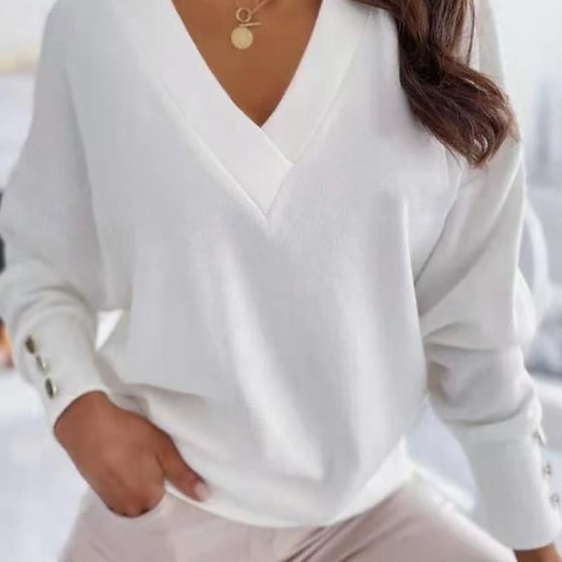 Women's Sweater Pullover Streetwear Stylish Casual Solid Color V Neck Buttons Knitted Long Sleeve Regular Tops Knit Daily Holiday Going out Black White Spring Fall3