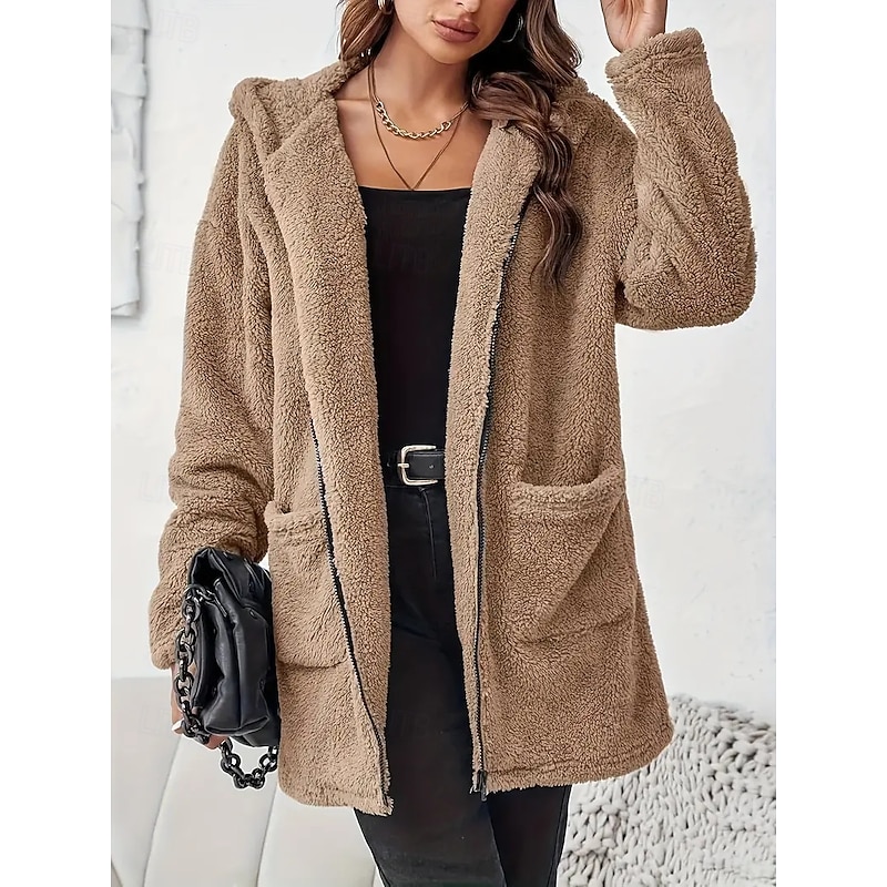 Women's Sherpa Jacket Comfortable Breathable Zipper Pocket Elegant Casual Plain Vacation Street Casual Daily Wear Zipper Regular Long V Neck Regular Fit Long Sleeve Outerwear Khaki Spring Fall4