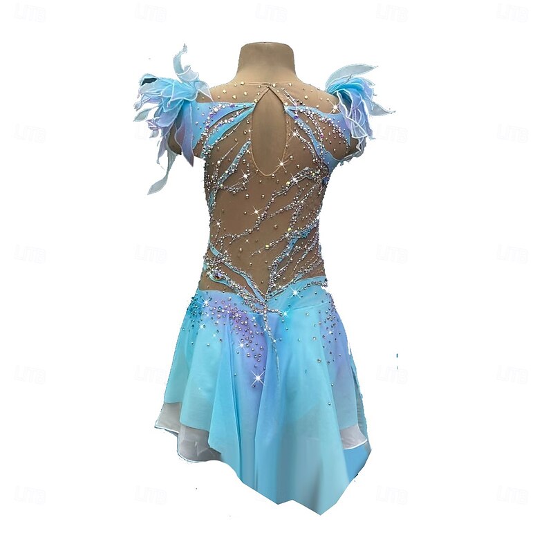 Figure Skating Dress Women's Girls' Ice Skating Dress Lake Blue Thumbhole Halo Dyeing High Elasticity Professional Competition Skating Wear Thermal Warm Crystal / Rhinestone Sleeveless Ice Skating3