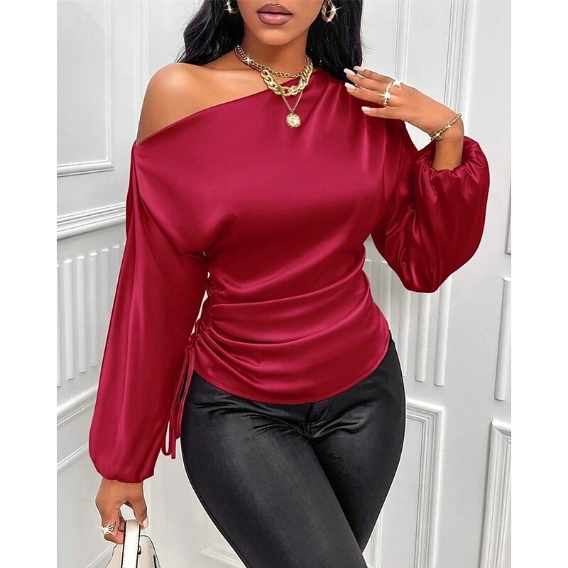 Women's Shirt Elegant Dressy Satin Plain Stylish Casual Long Sleeve Cold Shoulder Regular Tops Daily Going out Asymmetric Yellow Pink Red Apricot Spring Fall4