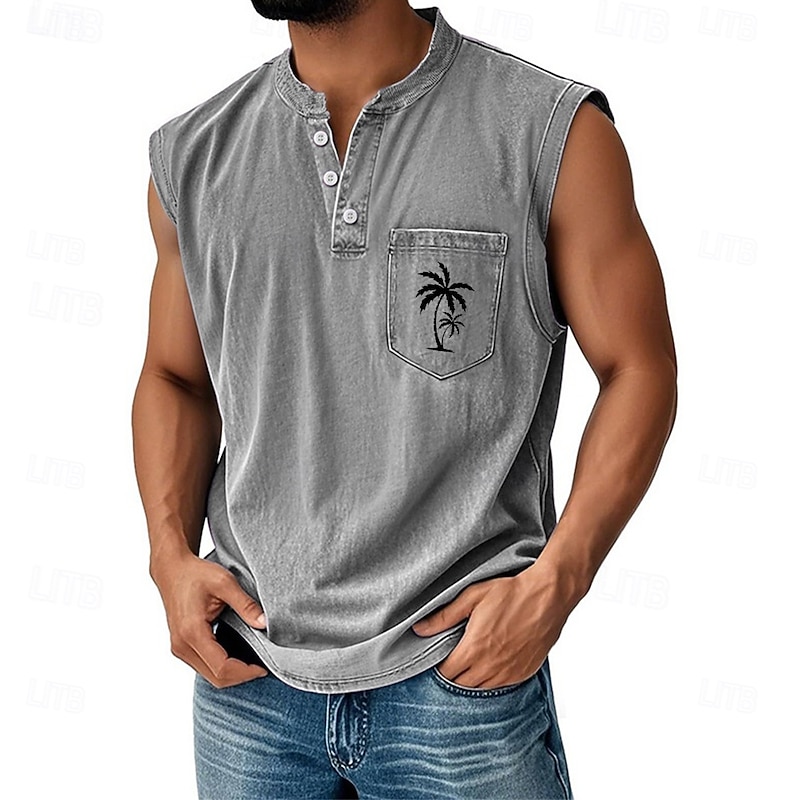 Men's Vest Top Undershirt Sleeveless Shirt Sleeveless Henley All Seasons Coconut Tree Fashion Designer Pocket Vacation Street Going out Black Pink Dark Navy Top Tee for Men2