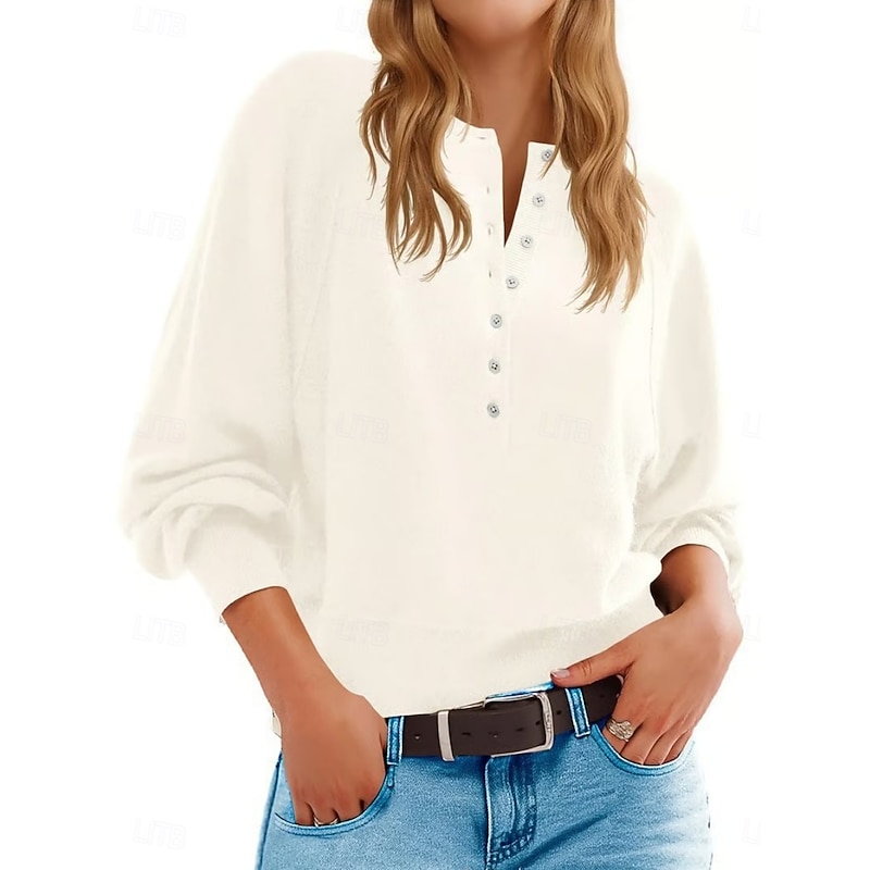 Women's Sweater Casual Soft Pure Color Ribbed Crew Neck Buttons Knitted Long Sleeve Regular Tops Knit Outdoor Daily Weekend White Yellow Fall Winter4