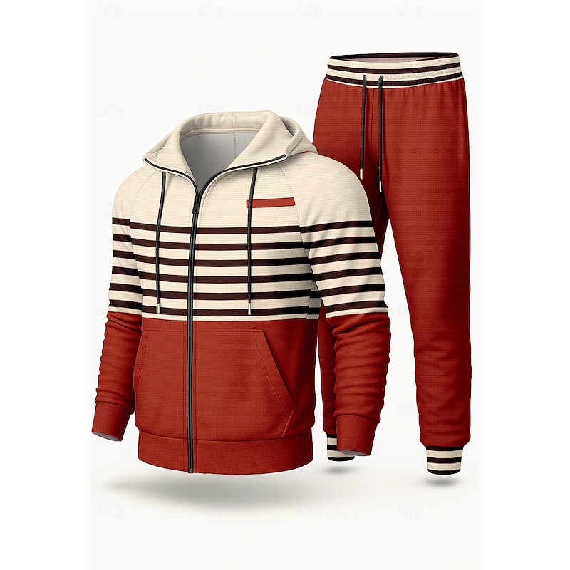 Christmas Men's Hoodie Tracksuit 2 Piece Tracksuit Drawstring Zip Up Striped Athletic Clothing Set Clothing Suit Fall Red Blue Vocation Outdoor Travel Lightweight Fashion Long Sleeve Sport Activewear