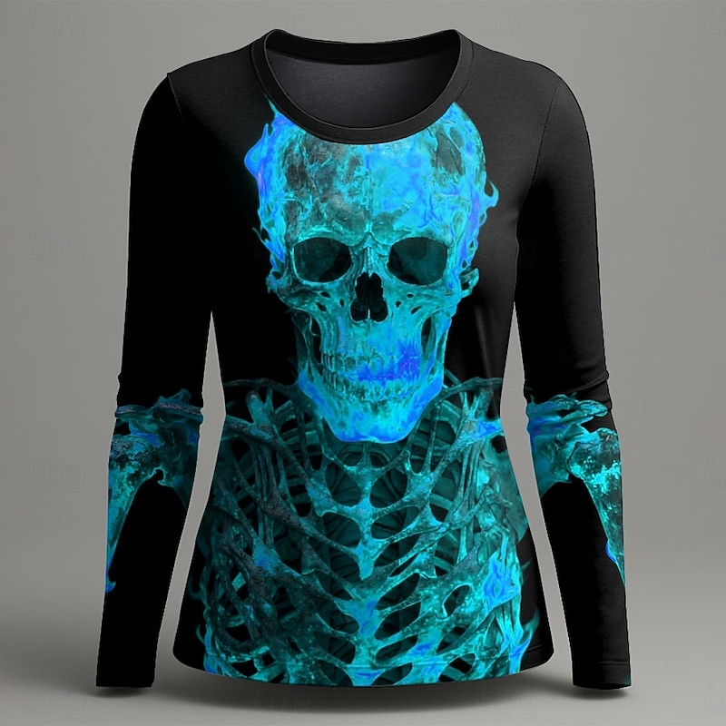 Halloween Women's T Shirt Graphic Skull Fashion Casual Long Sleeve Crew Neck Round Neck Regular Tops Daily Weekend Print Red Blue Purple Green Summer Spring Fall2