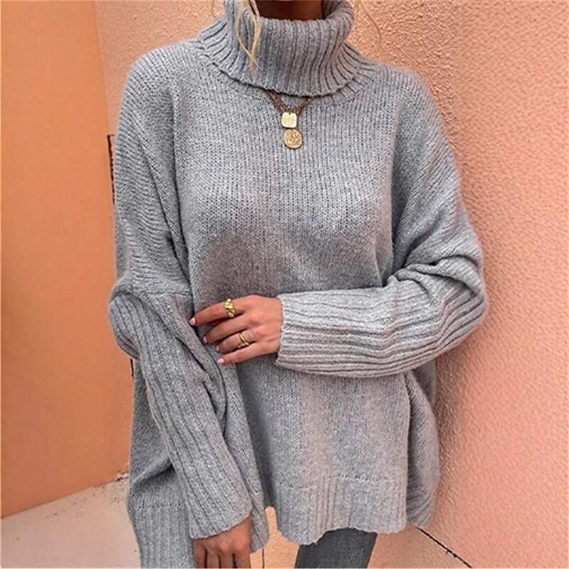 Women's Sweater Pullover Elegant Casual Soft Pure Color Ribbed Crew Neck Turtleneck Knitted Long Sleeve Regular Tops Knit Outdoor Daily Weekend Light Grey Fall Winter2