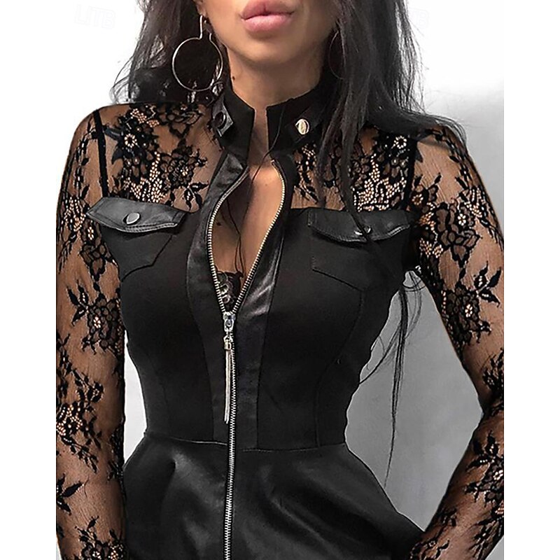 Women's Mini Dress Black Dress Lace Dress Leather Dress Fashion Modern Holiday Going out Club Regular Fit Plain Long Sleeve Stand Collar Black Spring Fall4