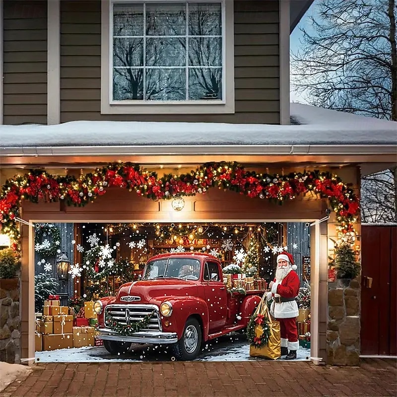 Christmas Tapestry Garage Door Cover Large Hanging Backdrop Car Gift Cute 3D Party Outdoor Holiday Shooting Backgrounds Yard Home Decor3