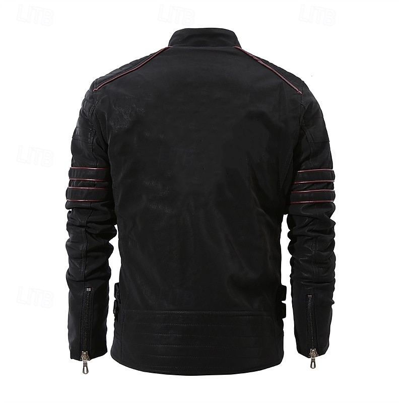 Men's Faux Leather Jacket Winter Jacket Vacation Daily Windproof Warm Pocket Fall Winter Plain Fashion Classic Stand Collar Regular Black Jacket3