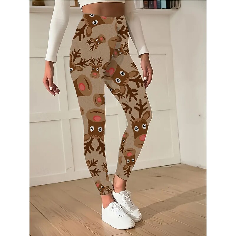 Women's Leggings Vacation Vintage Fashion Ankle-Length High WaistPantsUgly Christmas Graphic Reindeer Printing Thermal Warm Soft Breathable Stretchy Formal Outdoor Vacation claret Khaki Spring Fall3