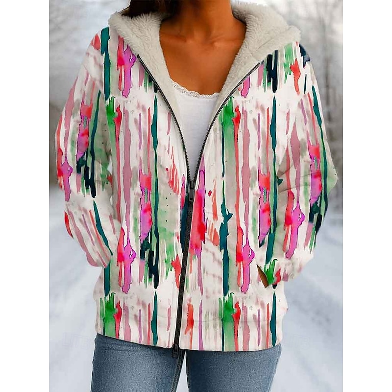Women's Winter Coat Winter Jacket Windproof Warm Zipper Pocket Fleece Lined Casual Abstract Casual Athleisure Daily Daily Wear Regular Hooded Regular Fit Long Sleeve Outerwear Pink Purple Beige Winter2