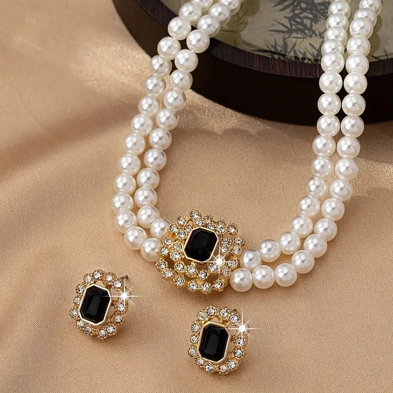 Luxury Elegant Double Row Square Necklace and Earrings Set, Fashion Jewelry for Women4