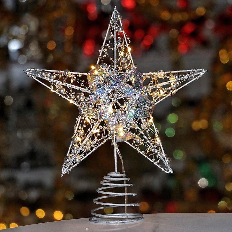 Christmas Tree Topper Star Led Light, Colorful Iron Five-Pointed Hanging Ornament, Holiday Xmas Tree Decoration, Festive Home Table Decor Gift