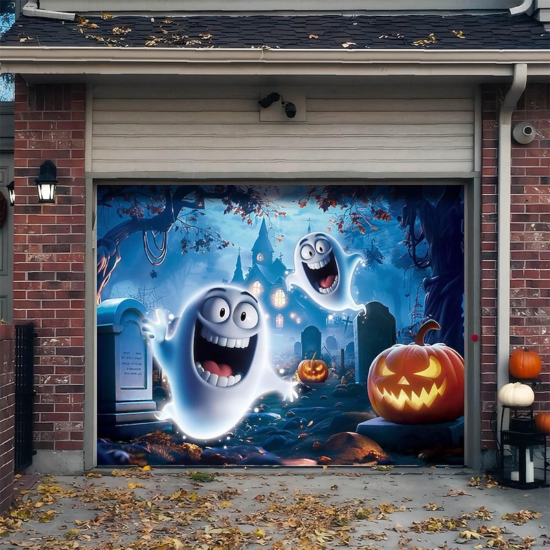 Halloween Garage Door Cover Large Hanging Backdrop Ghost Boo 3D Dark Punk Gothic Style Party Outdoor Shooting Backgrounds Yard Haunted House Home Decor3