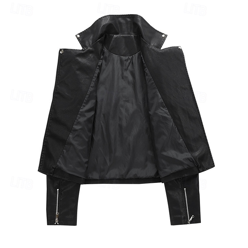 Women's Faux Leather Jacket Warm Comfortable Zipper Pocket Casual Solid Color Vacation Street Casual Daily Wear Short Turndown Regular Fit Long Sleeve Outerwear Black Red Brown Spring Fall3