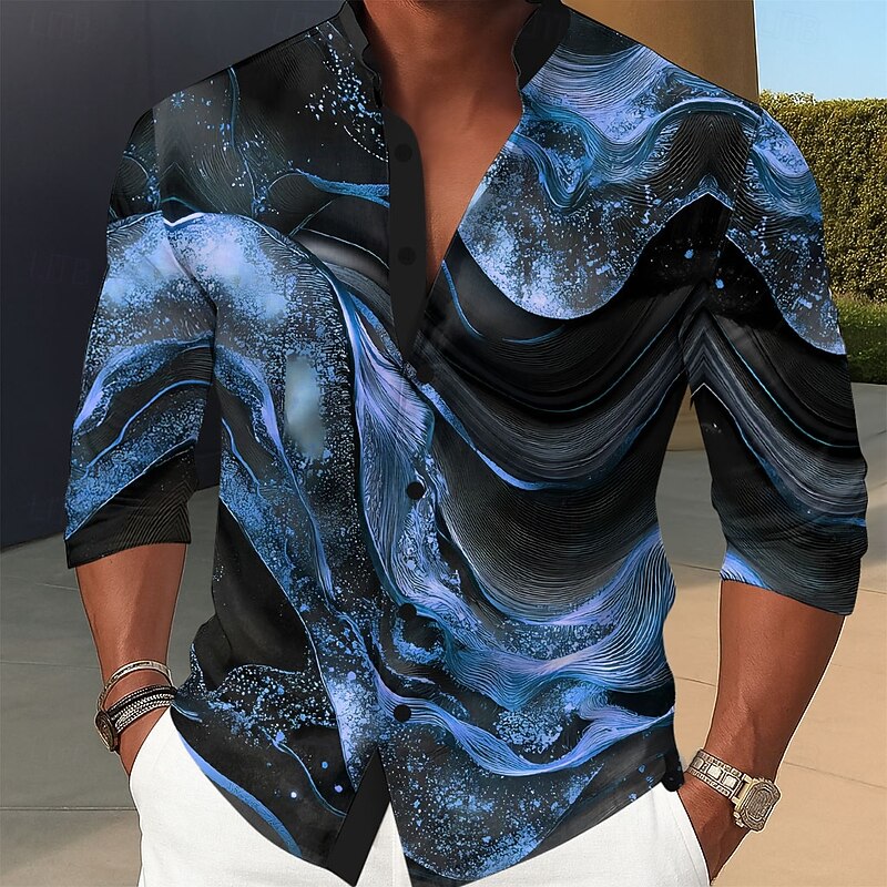 Men's Geometric Pattern Marble Abstract Liquid Art Shirt Stand Collar Shirt Long Sleeve Fashion Casual Dailywear Holiday Spring Fall Mandarin Collar Band Collar 3D Print Button Up Shirts Blue Purple2