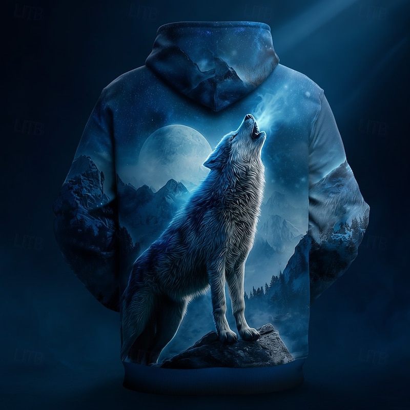 Men's Wolf Hoodie Sweatshirt 3D Fantasy Crew Neck Party Gift Club Blue 2# Blue Drawstring Fall Winter Designer2
