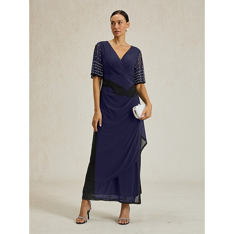Women's Maxi Dress Sheath Dress Elegant Solid Color Short Sleeve V Neck Navy Blue Summer Spring Fall