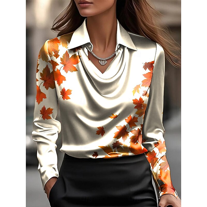 Women's Shirt Floral Graphic Leaf Elegant Vintage Stylish Long Sleeve Cowl Neck Regular Tops Work Party Evening Wear Daily Ruched Draped Yellow Orange Beige Summer Fall