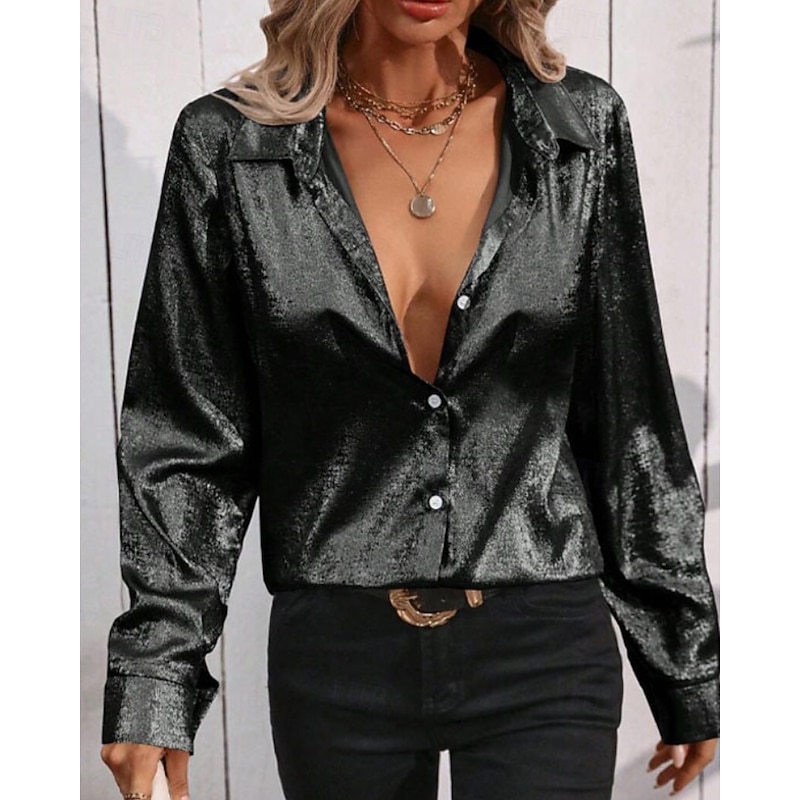 Women's Shirt Blouse Plain Elegant Stylish Long Sleeve Shirt Collar Regular Tops Holiday Going out Buttons Black Gold Spring Fall2