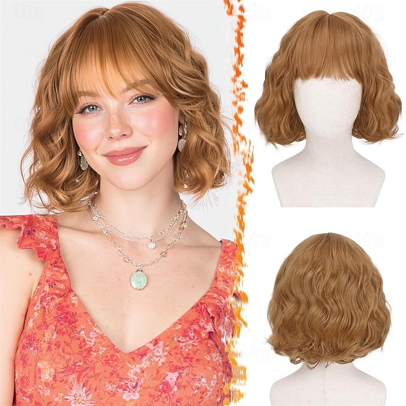 Short Wavy Golden Ginger Wig with Bangs - Short Golden Ginger Bob Wigs for Women - Curly Wavy Textured French Bob Wig with Bangs Soft Synthetic Natural Looking Face-Framing Daily